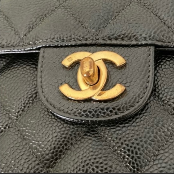 Sold 24k gold plated Black Chanel Caviar Jumbo single flap bag - Picture 15 of 17